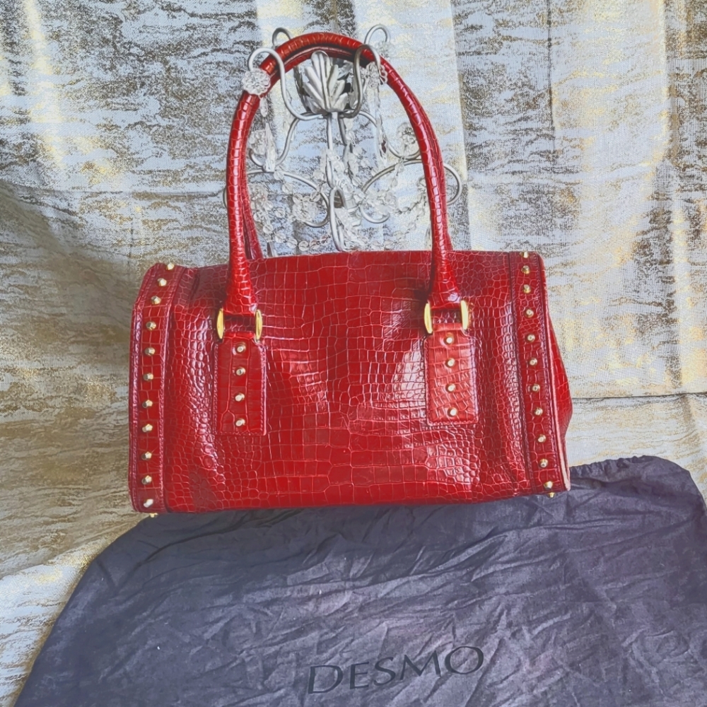 Vintage Red crocodile embossed leather with gold studs